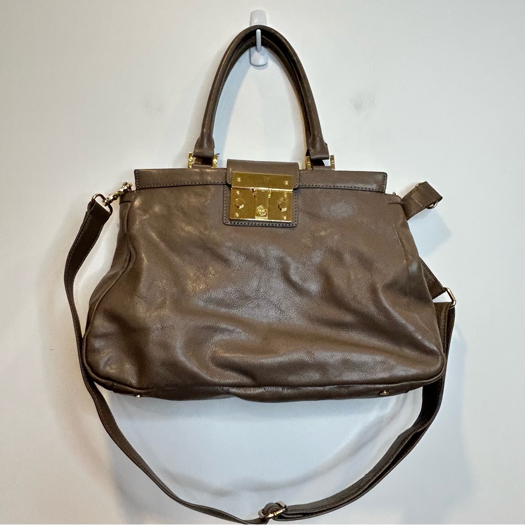 Tory Burch Holland Grey Leather Satchel Bag Zip Purse Crossbody Strap